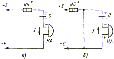 Путь прохождения тока через звонок телефонного аппарата а) транзистор VT2 закрыт; б) транзистор VT2 открыт