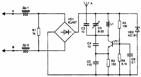 Рис. 1 Телефонный радиоретранслятор с ЧМ на одном транзисторе