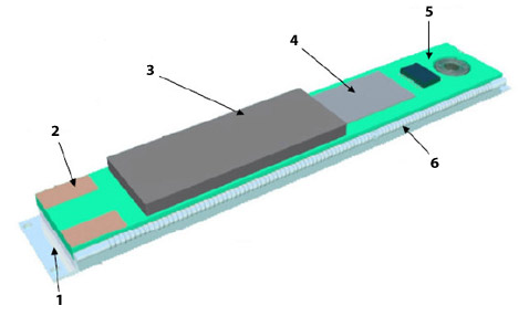 MS-AMPS так, как он должен выглядеть в законченном виде (длина этой пластинки 6,35 сантиметра). 1 — преобразователь механических вибраций и звука; 2 — выход к потребителю тока; 3 — буферная батарейка для накопления собранной энергии; 4 — солнечная панель; 5 — трансформатор и выпрямитель; 6 — радиочастотный коллектор (иллюстрация Ambient Micro).